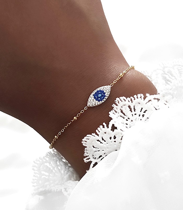 Bracelet chaine oeil bleu de protection acier or femme - Budget Beauté