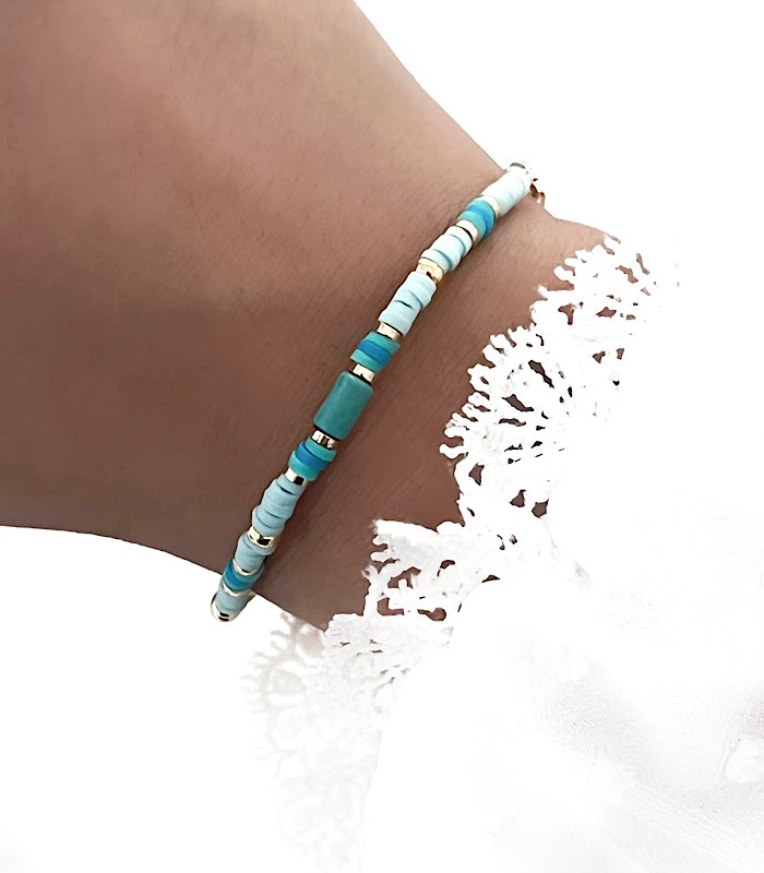 Bracelet chaîne acier inoxydable or perles heishi bleues