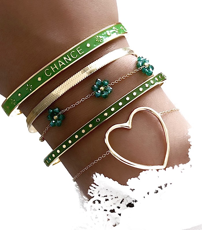 Bracelet acier inoxydable Or motifs marguerites et perles vertes