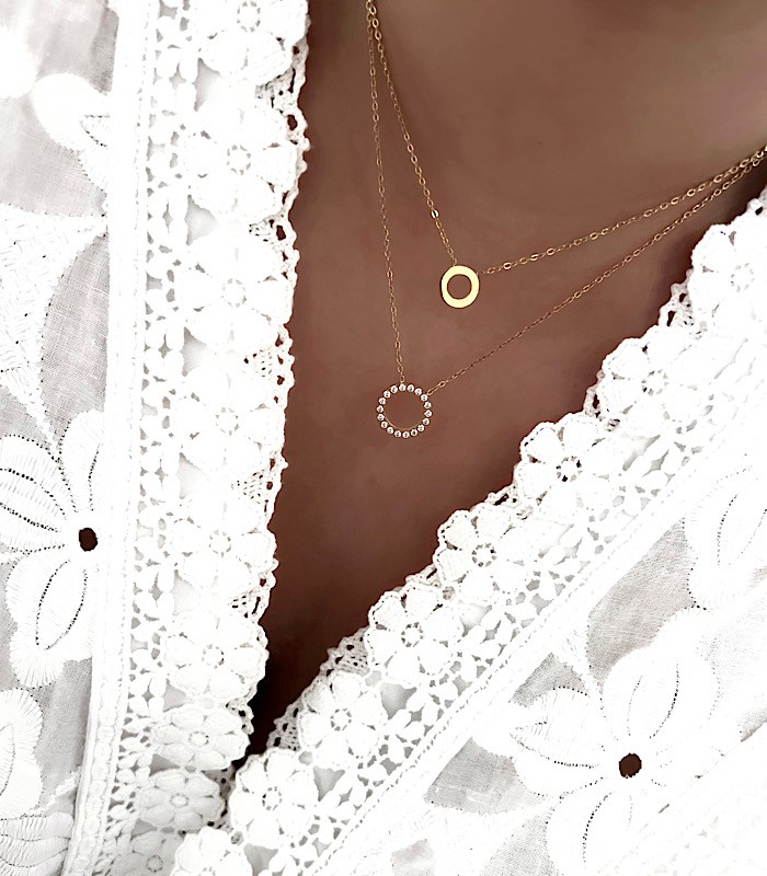 Collier acier inoxydable double rang chaine pendentif rond / Collier femme  chaine à billes -  France