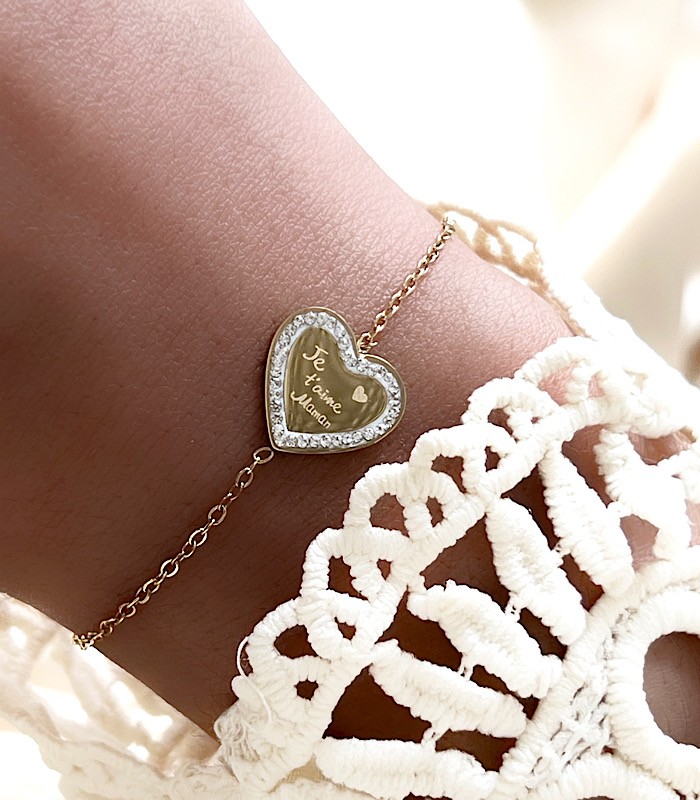 bracelet Acier inoxydable Or zircons blancs coeur