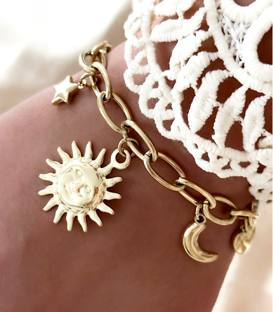 Bracelet Chaîne Fleurs Noir Acier Inoxydable - Doré Or Jaune - Réglable - Neuf Sans Emballage - Métal Titane