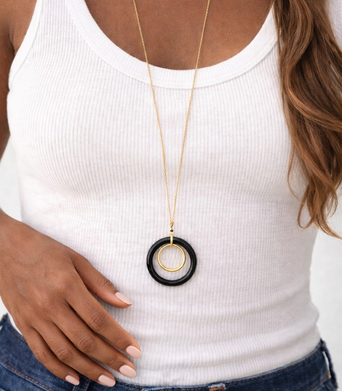 Collier / Sautoir Cercle Noir Vintage - Neuf Avec étiquettes, Femme, Fabrication Française